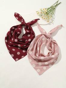 1Pc Vintage Daisy Kerchief Trio - Blush Pink, Wine Red & Khaki Triangle Scarves With Adjustable Bow Ties For Women's Bohemian Style, Spring Picnic Hair Accessories Headbands For Women Warm Hair Bands Women Bandanas Women Scarf - Multicolor - View 2