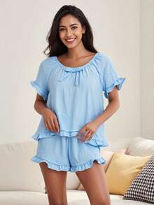 Women's Summer Lounge Set Short Sleeve Scoop Neck Ruffle Trim Tops Shorts Sleepwear - 藍色 - 查看 8
