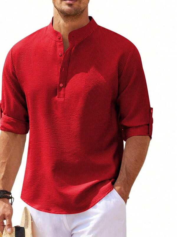 Men's Long Sleeve Henley Shirt Button Down Collar Striped Plaid Design Casual Comfort Soft Fabric Daily Wear Summer Beach Vacation Fashion Breathable Roll-Up Sleeves Stylish Men's Clothing Outdoor Attire Classic Fit Versatile Lightweight Shirt For Men Daily Use Men's Tops