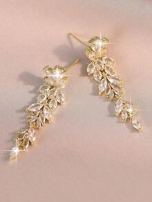 1pair Elegant Leaf Flower CZ Women Long Wedding Earrings With AAA Cubic Zirconia Dangle Earrings Jewelry - Gold - 查看 6