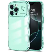 For IPhone 16 Pro Max Case Wave Wavy Phone Cases With Love Heart, Luxury Plating Edge Cute Curly Shape Cover For Women Girls, Thin Slim Soft TPU Rubber Shockproof Protective Cover, Light Green{"Color_name":"LightGreen","Size_name":"ForiPhone16ProMax-6.9inch"} - 多色28 - 查看 1