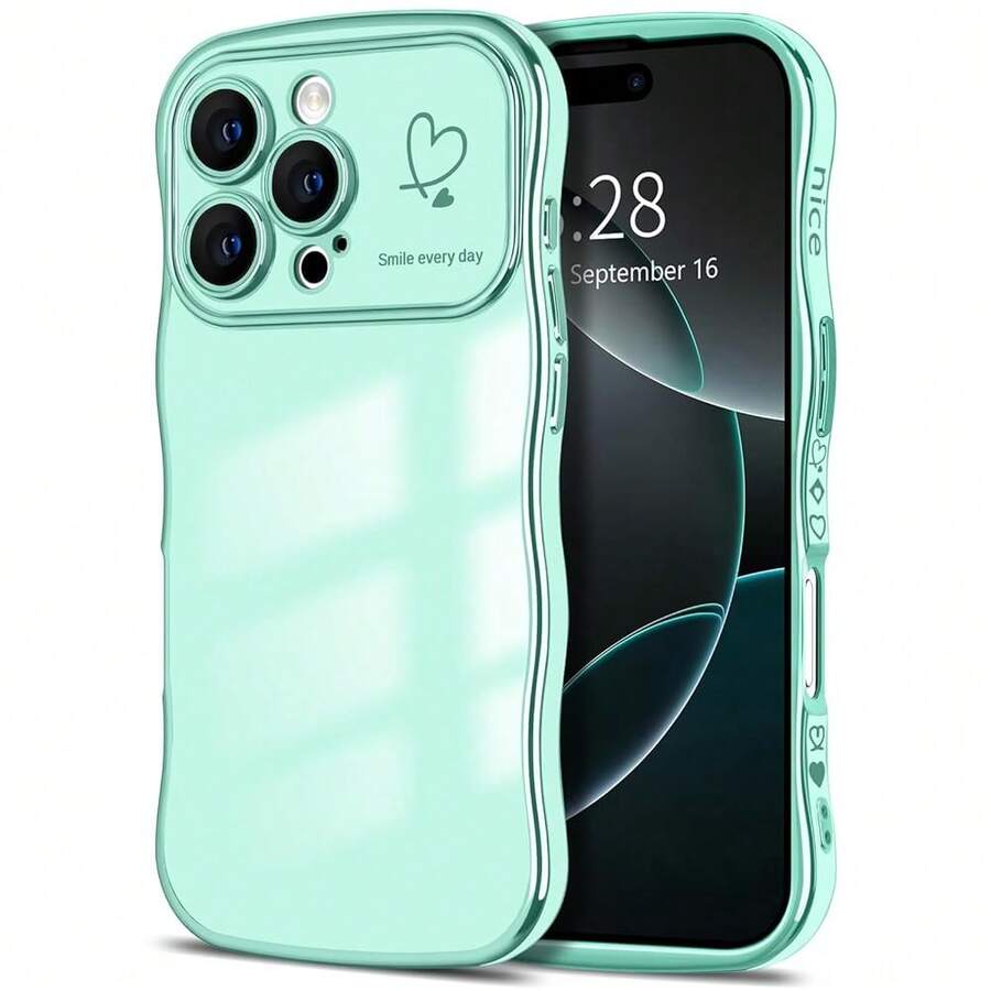 For IPhone 16 Pro Max Case Wave Wavy Phone Cases With Love Heart, Luxury Plating Edge Cute Curly Shape Cover For Women Girls, Thin Slim Soft TPU Rubber Shockproof Protective Cover, Light Green{"Color_name":"LightGreen","Size_name":"ForiPhone16ProMax-6.9inch"} - 多色28 - 查看 1