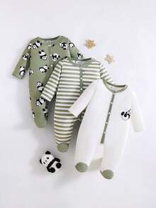 3件套可爱卡通熊猫条纹印花长袖连体衣，适合男婴，四季皆宜 - 綠色 - 查看 1