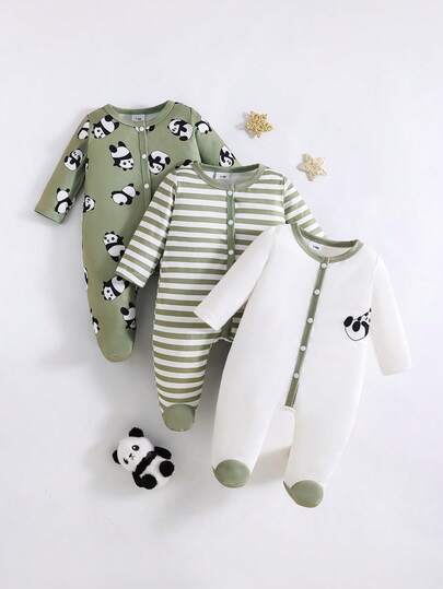 3件套可爱卡通熊猫条纹印花长袖连体衣，适合男婴，四季皆宜