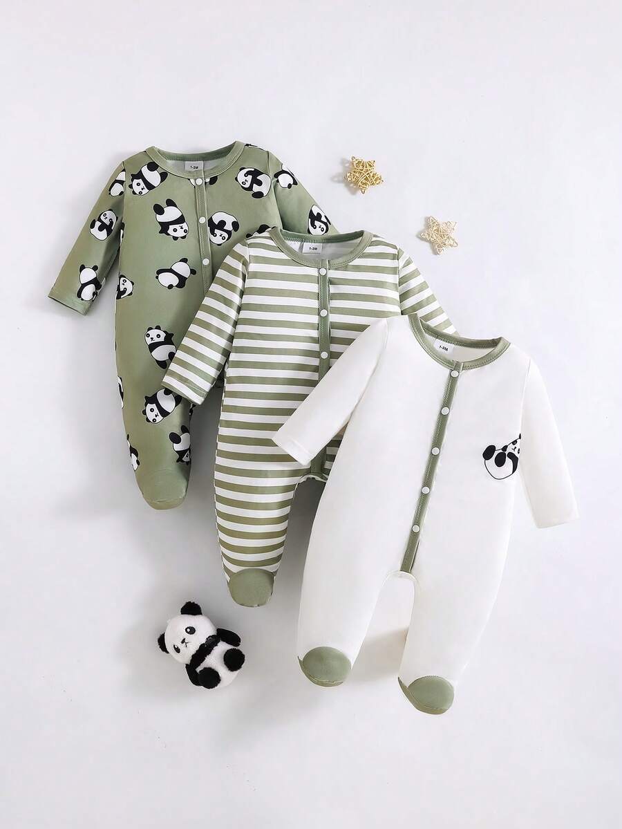 3件套可爱卡通熊猫条纹印花长袖连体衣，适合男婴，四季皆宜 - 綠色 - 查看 1