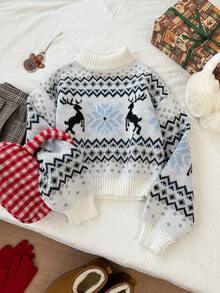Christmas Snowflake & Reindeer Jacquard Knit Pullover Sweater, Casual Daily Wear, Autumn/Winter - White - View 1