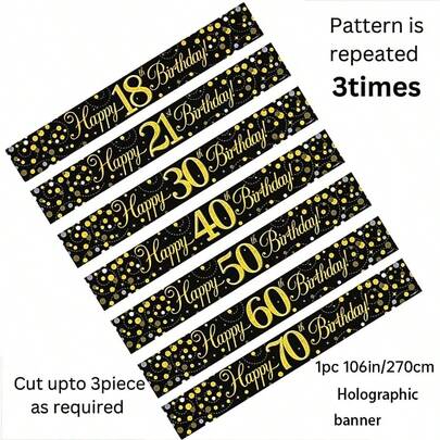 1pc 9ft Banner Sparkling Fizz 16th 18th 21th 30th 40th 50th 60th 65th 70th 80th 90th Birthday Black & Gold Holographic Birthday Party Decoration