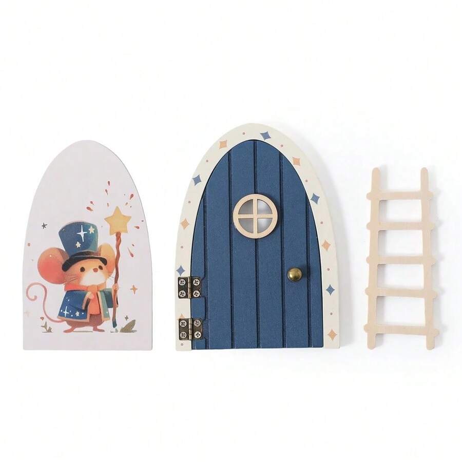Mini decoraciones para el hogar para casa de muñecas, puerta de elfo de hadas de madera, decoración de pared para habitación de bebé, adornos artesanales, caja de dientes conmemorativa, regalo para bebé - Azul - Ver 1