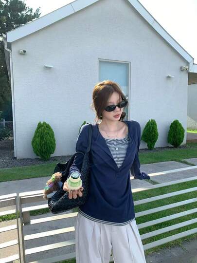 女士撞色饰边二合一休闲T恤，圆领，雪花棉质长袖T恤