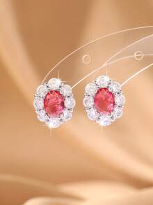 1 par de pendientes de botón de flor con micro-incrustaciones de circonita de lujo y delicados, de cobre, aptos para el uso diario