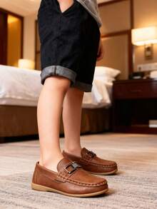 2025新款儿童英伦风金属扣圆头一脚蹬休闲乐福鞋 - 鏽棕色 - 查看 2