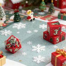7pcs Red Acrylic Polyhedral Dice Set (With Christmas Themed Patterns), Suitable For Family & Outdoor Gatherings