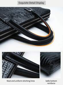 男士通勤公文包 高端鳄鱼纹压花手提包，男士单肩包 大容量新款商务电脑包，时尚随机鳄鱼纹方形包 长肩带斜挎包，电脑包，男士圣诞节情人节礼物 - 黑色 - 查看 7