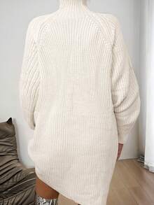 Đầm dệt kim dài tay dáng rộng cổ cao màu trơn dành cho nữ cỡ lớn, màu trắng, thích hợp cho mùa thu/đông. - trắng - Xem 2