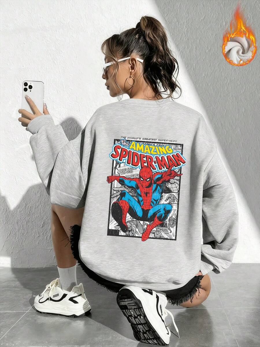 这款保暖内衬的蜘蛛侠女款宽松卫衣，适合秋冬季节穿着，采用Y2K风格设计，同时保留了哥特、暗黑和学院风美学。这款舒适、休闲、百搭的卫衣采用柔软透气的面料制成，是户外穿着的理想之选。 - 花灰 - 查看 1