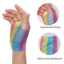 Fishnet Fingerless Gloves Mesh Arm Sleeves Fish Net Arm Sleeves EMO Gloves For Women In Theme Party Scene Accessories{"Size_name":"Short","Color_name":"#14-Rainbow(Short)"} - Multicolor17 - View 4
