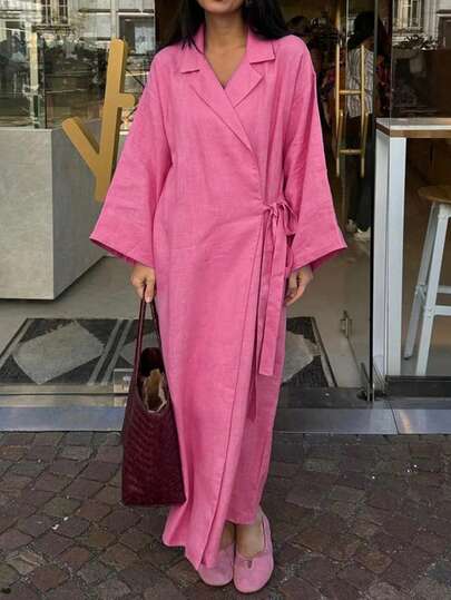 Women's Casual Loose Turndown Collar Long Sleeve Dress, Solid Color, Elegant, Woven Fabric With Drawstring, Suitable For Elegant Beach, Vacation, Daily Wear, Spring/Summer/Autumn