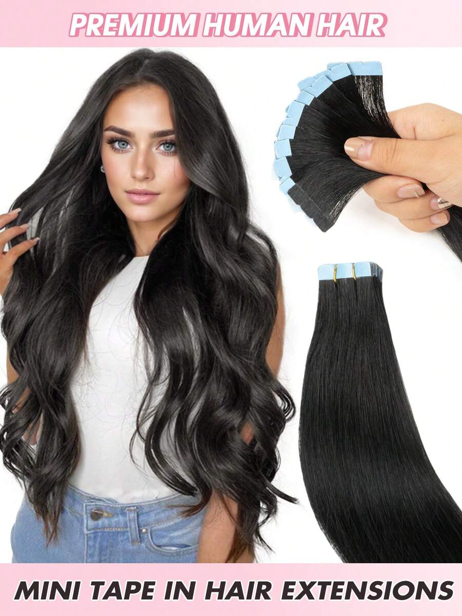 Mini Tape in Extension per Capelli Umani, Doppio Lato, Invisibili, Senza Cuciture, 10 Pezzi/Set, Lisci Naturali, Neri, Castani, Biondi