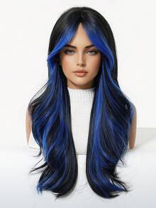 Multicolor Synthetic Wig With Bangs Black Mix Blue Long Natural Curly Wig For Women Daily Party Cosplay Christmas Wigs For Girls For Halloween And Christmas New Year Carnival Music Festival Cosplay ,Gifts For Girls,Summer Graduation Gifts,Ready-Made Gifts,Halloween Christmas Gifts - 挑染藍色 - 查看 3