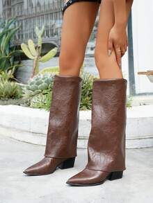 Fall/Winter 2025 Women Fold Over Boots Knee High Boots Pointed Toe High Heel Boots Shark Knee Boots Fashion Mid Calf Boots Cool Side Zipper Boots - Brown - View 4