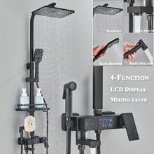 Matte Black Shower System With LCD Temperature Display, 4-Function Rain Shower Head Combo Set With Hand Shower, Bidet Spray Head, Tub Spout And Shelf, High-Pressure Wall Shower Faucet Set - 霧面黑 - 查看 2