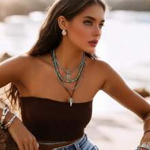 Hclian Western Necklaces Boho Layered Charm Necklace For Women Turquoise Beaded Choker Oxhead Pendant Necklace Western Jewelry For Women Cowgirl Accessories Large Brass No Gemstone