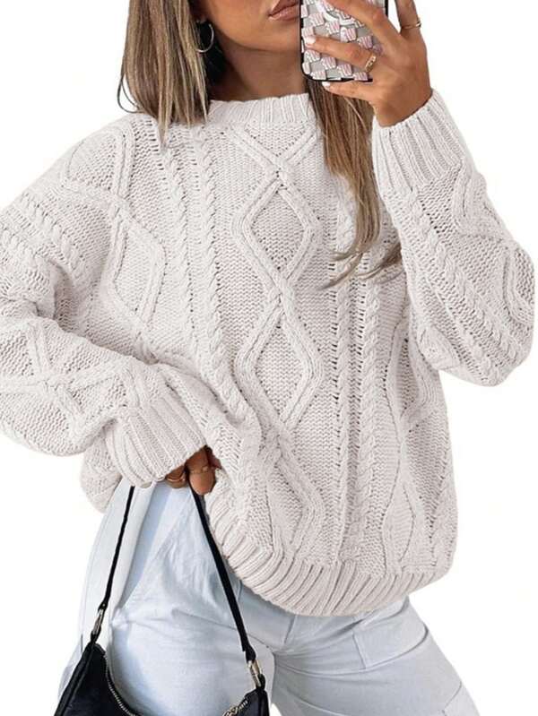 Suéter Relaxado de Tricô de Cabo Sólido Elegante em Plus Size