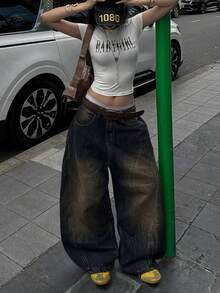 女士高腰阔腿牛仔裤 - 舒适休闲裤，宽松版型带口袋，修身设计 - 淺色水洗藍 - 查看 4