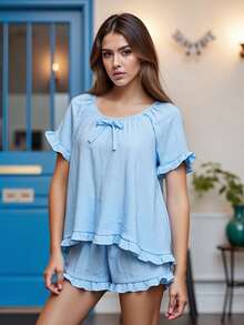 Women's Summer Lounge Set Short Sleeve Scoop Neck Ruffle Trim Tops Shorts Sleepwear - 藍色 - 查看 9
