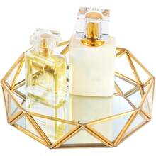 Small Gold Mirrored Tray Ornate Cosmetic Tray Makeup Jewelry Organizer Vanity Glass Trays Perfume Display Dresser Tabletop Decorative Trays 7 Inch 18cm