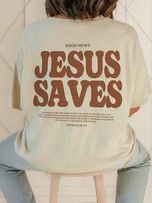 Camiseta Oversized Unissex Jesus Salva Estampada Religiosa - Bege - Visão 1