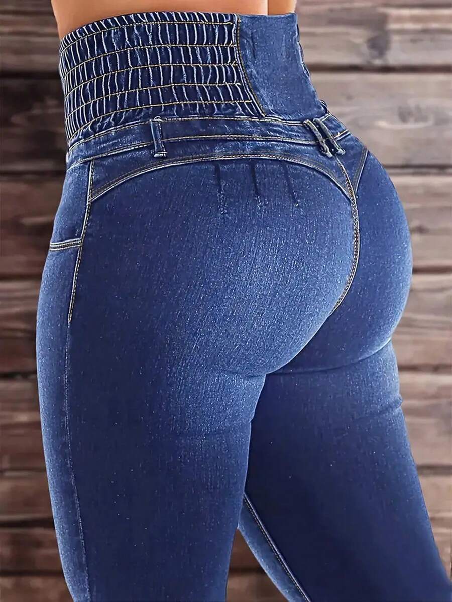 New Navy Y2K High-Waist Stretch Jeans With Hip-Lifting Slim Fit. Stylish & Versatile For Street, Retro, Holiday And Back-To-School Looks. - Blue - View 1