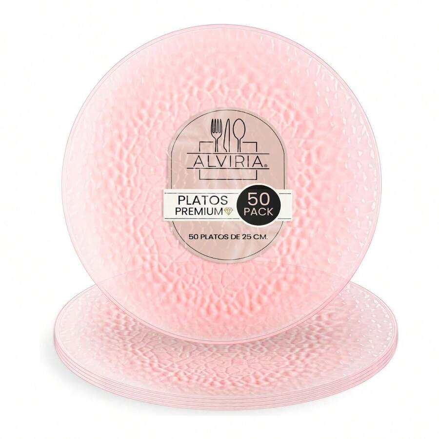 Juego De Platos Reutilizables Premium Para Fiesta 50 Pzas Alviria - Rosa - Ver 1
