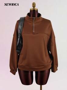 Women's Brown Quarter Zip Fleece Pullover Sweatshirt With Long Sleeves And Collar, Cozy Casual Relaxed Fit Top For Fall Winter Streetwear, Loungewear, And Daily Outfits – Soft Warm Plush Fabric Minimalist Y2K Chic Style