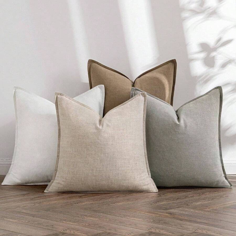 Neutral Linen Pillow Covers Pack Of 4 Decorative Natural Solid Throw Pillow Covers Soft Accent Boho Farmhouse Couch Pillowcases Modern Home Decors Living Room Bed Sofa 18x18 Inch - 24 英吋 x 24 英吋(4 件裝)+ 中性色 - 查看 1