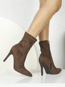秋冬女士时尚性感棕色尖头侧拉链细高跟踝靴，舒适百搭，适合派对、户外活动和日常穿着，10厘米高跟。 - 棕色 - 查看 5