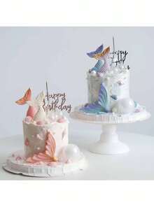 2PCS Mermaid Fishtail Cake Decorations, Pink Purple Blue White Fishtail, Suitable For Ocean Mermaid Theme Cake Decorations, Baptism Babyshower Gender Reveal Party Birthday Cake Decorations, Reusable - Multicolor - View 1