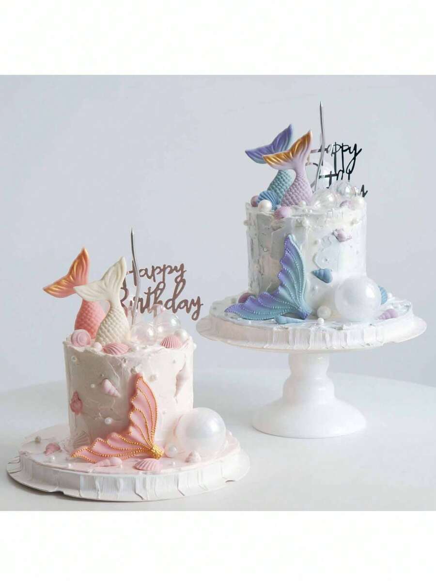 2PCS Mermaid Fishtail Cake Decorations, Pink Purple Blue White Fishtail, Suitable For Ocean Mermaid Theme Cake Decorations, Baptism Babyshower Gender Reveal Party Birthday Cake Decorations, Reusable - Multicolor - View 1