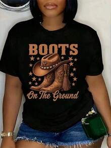 Plus Size Women's Vintage Western Cowgirl Graphic T-Shirt - Cowgirl Boot Design With "Boots On The Ground" Slogan, Soft Breathable Regular Fit Casual Tee For Celebrations & Casual Attire, Retro Short Sleeve Shirt, Ladies T-Shirts, Festive Print Top, Comfortable Fit Top - 黑色 - 查看 7