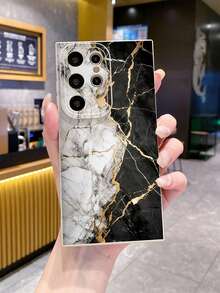 1pc Black & White Marble Pattern Shockproof Phone Case, UV Printed Compatible With IPhone, /Galaxy, Compatible With, International Version,  Not The Domestic Version - Beige - View 4