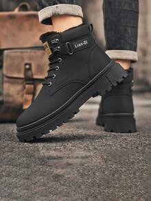 男士高帮百搭靴子小皮鞋小黑鞋休闲鞋耐磨低帮百搭工作靴新款时尚休闲鞋秋冬 - 黑色 - 查看 12