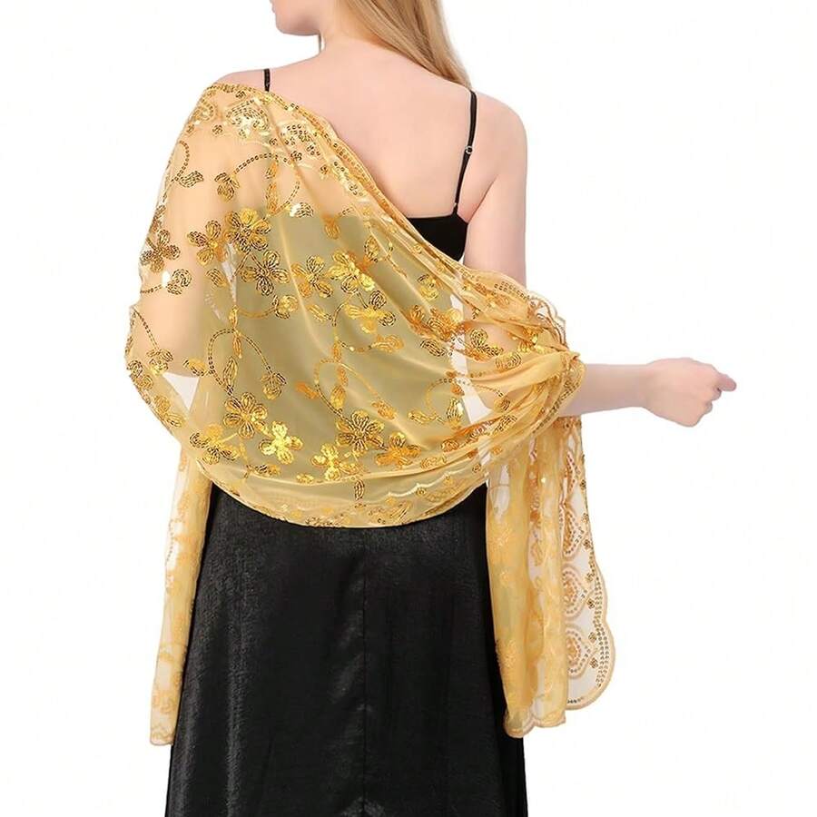 Shawls And Wraps For Evening Dresses,Women Formal 1920s Sequin Flower Sheer Shawls And Wraps For Wedding-{"Color_name":"Gold"} - 金色 - 查看 1