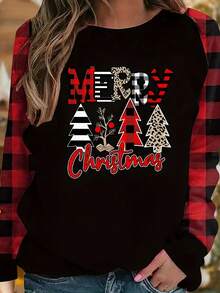 1pc Plus Size "Merry Christmas" Letter Print Sweatshirt, Women Plus Size Christmas Tree & Letter Graphic Raglan Color Block Plaid Long Sleeve Casual Loose Top, Christmas