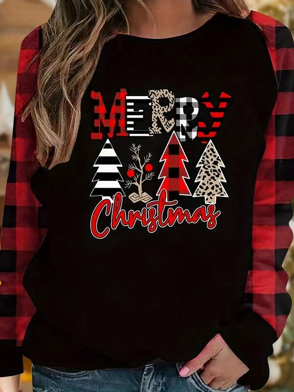1pc Plus Size "Merry Christmas" Letter Print Sweatshirt, Women Plus Size Christmas Tree & Letter Graphic Raglan Color Block Plaid Long Sleeve Casual Loose Top, Christmas Outfit