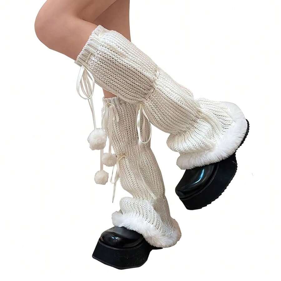 SherryDC Womens Y2k Knit Leg Warmers Harajuku Japanese Long Boot Socks Kawaii Lolita Winter Leg Cover{"Color_name":"890-White"} - 多色1 - 查看 1