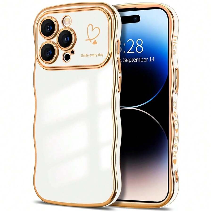 For IPhone 14 Pro Case Wave Wavy Phone Cases With Love Heart, Luxury Plating Edge Cute Curly Shape Cover For Women Girls, Thin Slim Soft TPU Rubber Shockproof Protective Cover, White{"Color_name":"White","Size_name":"ForiPhone14Pro-6.1inch"} - 多色14 - 查看 1