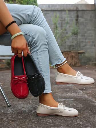 2025 女士软底软面舒适乐福鞋，商务学院风蝴蝶结一脚蹬休闲平底鞋，适合所有季节