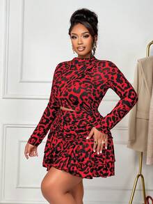 BIUBIU 大码女式优雅杏色针织不对称领长袖褶皱迷你连衣裙，适合春、夏、秋、冬四季穿着，动物纹印花连衣裙，豹纹印花连衣裙，适合休闲、时尚、优雅的户外活动、商务休闲场合、婚礼宾客礼服、约会、派对、正式晚宴等场合。 - 紅色 - 查看 4
