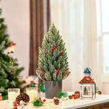 Artificial Christmas Tree Table Christmas Tree 170 Branches Snow-Covered Design With Plastic Base Berries Pine Cones PE PVC Ø27 X 47 Cm On-Site - Green - View 8