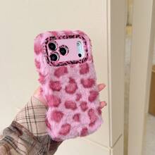Autumn/Winter Fuzzy Leopard Print Wristlet Phone Case - With Lens Stand Design - Compatible With Apple 17/16/15/14/13/12/11, S25U/S24U/S23U/A05S/A56/A17 Leopard Fuzzy Wristlet Lens Stand
